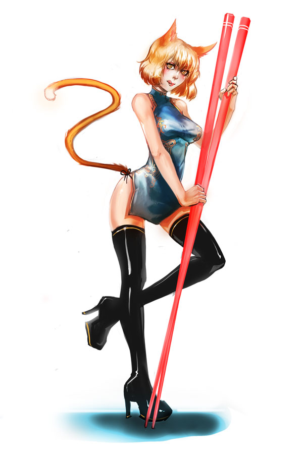 allison_chan animal_ears banned_artist boots brown_eyes brown_hair cat_ears cat_tail china_dress chinese_clothes chopsticks dress oversized_object short_hair solo tail thigh_boots thighhighs