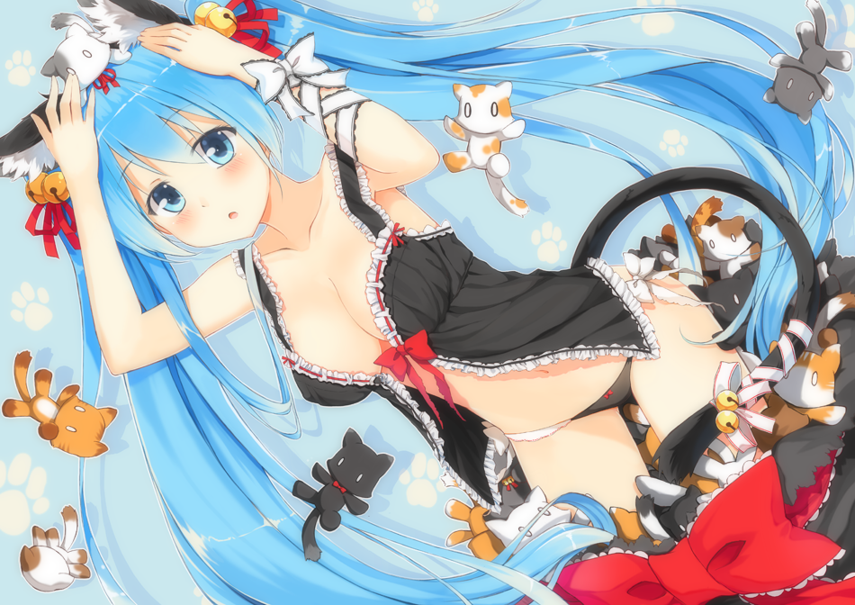 animal_ears babydoll bell black_panties blue_eyes blue_hair blush breasts cat cat_ears cat_tail hair_bell hair_ornament hatsune_miku large_breasts long_hair looking_at_viewer navel panties solo tail terras too_many too_many_cats twintails underwear very_long_hair vocaloid
