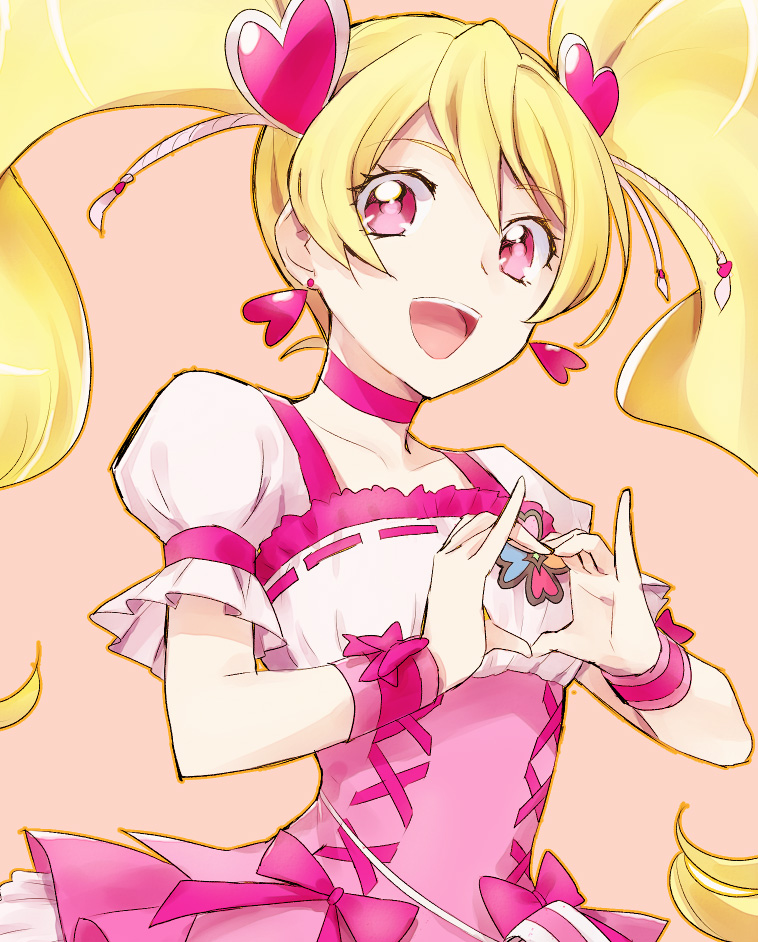 blonde_hair bow brooch choker corset cure_peach earrings eyelashes fresh_precure! hair_ornament happy heart heart_hair_ornament heart_hands jewelry kurochiroko long_hair magical_girl momozono_love open_mouth pink_bow pink_choker pink_eyes pink_skirt precure puffy_sleeves simple_background skirt smile solo twintails wrist_cuffs