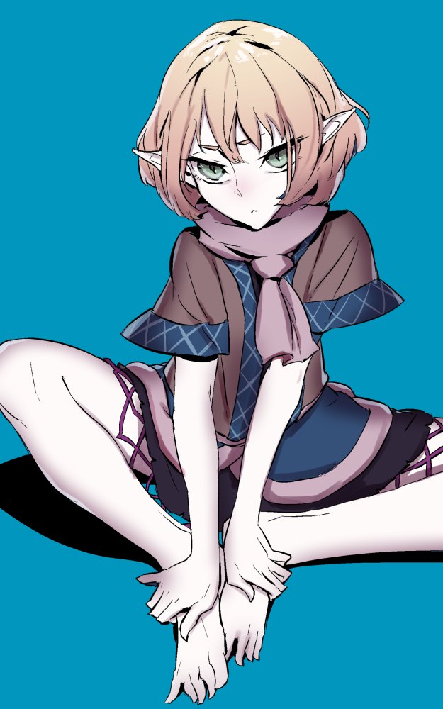 :&lt; bad_feet barefoot blonde_hair blue_background butterfly_sitting green_eyes hands_on_feet knees_apart_feet_together legs mizuhashi_parsee pointy_ears scarf shadow shirt short_sleeves simple_background sitting skirt slit_pupils solo thupoppo toes touhou