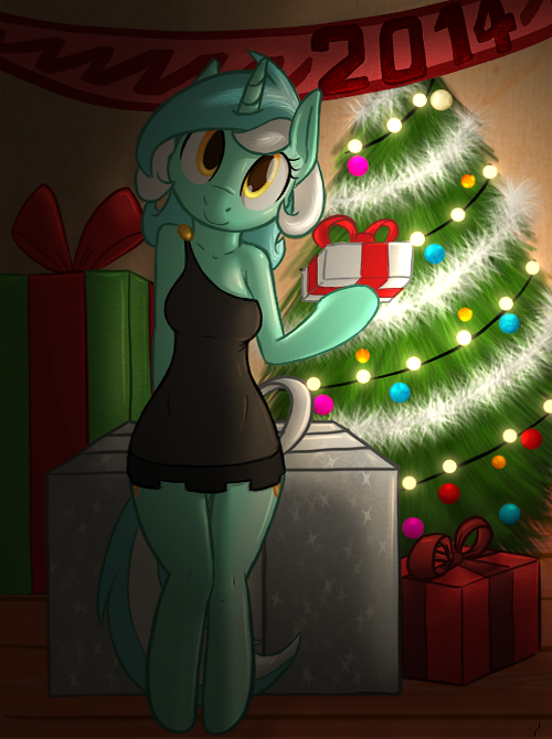 anthro anthrofied breasts cloth clothed clothing cutie_mark dress equine female friendship_is_magic fur gift green_fur hair holidays horn horse looking_at_viewer lyra_(mlp) lyra_heartstrings_(mlp) mammal monochrome my_little_pony new_year sketch smile solo standing tg-0 two_tone_hair unicorn