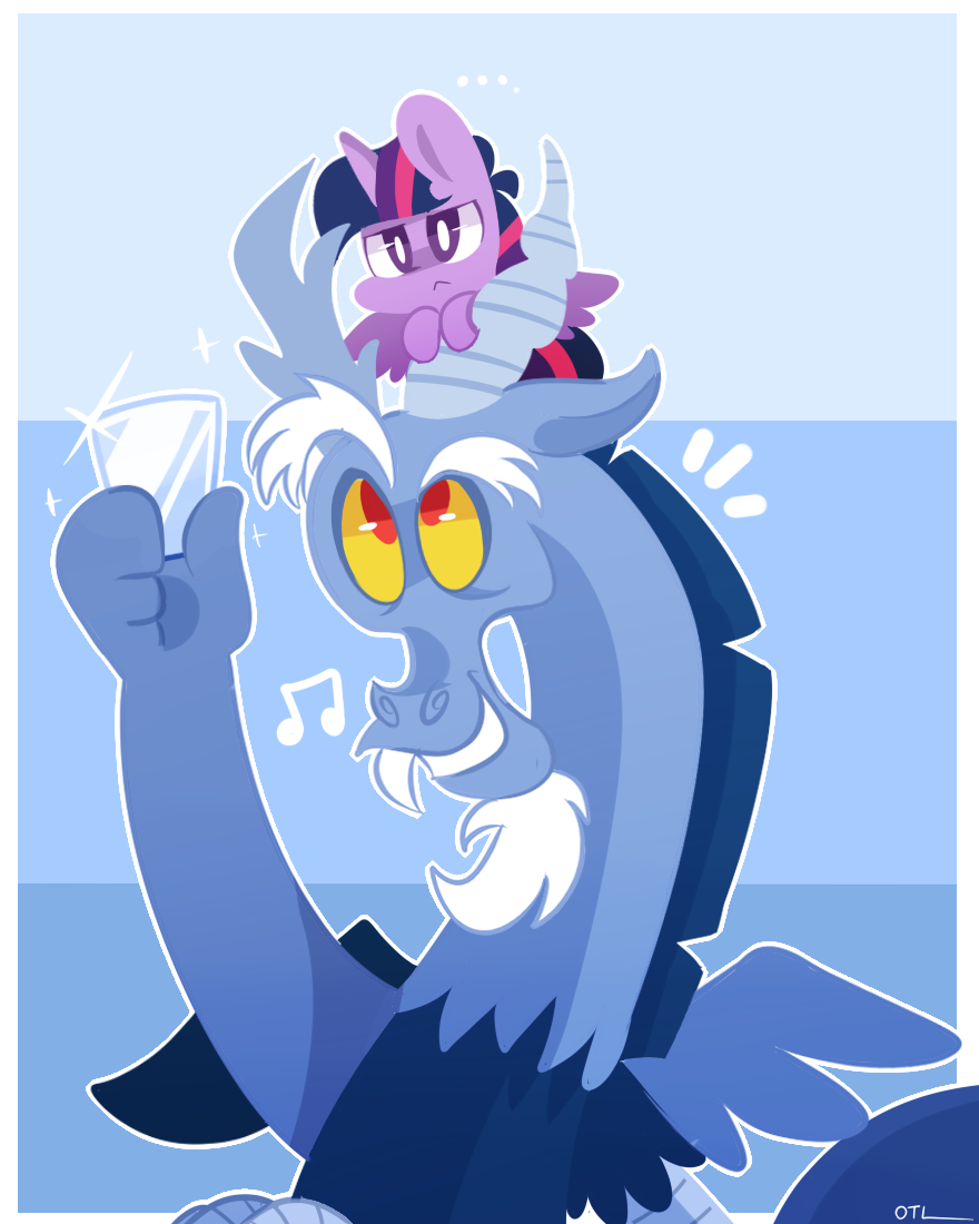 blue_theme discord_(mlp) draconequus duo equine fangs female friendship_is_magic glass hair horn horse lifeloser male mammal multi-colored_hair musical_note my_little_pony pony purple_hair red_eyes smile sparkles twilight_sparkle_(mlp) water winged_unicorn wings