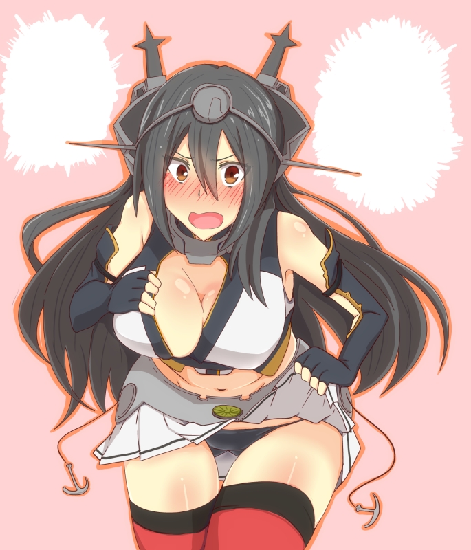 bent_over black_hair black_panties blush breasts brown_eyes fingerless_gloves gloves hairband i_b_b_e kantai_collection large_breasts long_hair looking_at_viewer miniskirt nagato_(kantai_collection) navel open_mouth panties skirt skirt_lift solo thighhighs underwear