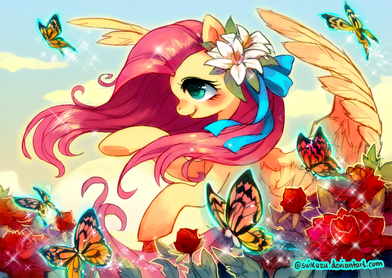 arthropod blush bow butterfly cloud clouds cyan_eyes day equine feathers female feral flower fluttershy_(mlp) friendship_is_magic fur hair hooves horse insect long_hair mammal my_little_pony outside pegasus pink_hair pony rose smile sparkles suikuzu wings yellow_fur