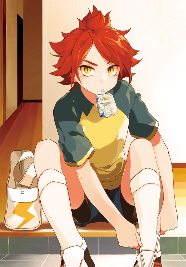 1boy child inazuma_eleven inazuma_eleven_(series) indoors male male_focus nagumo_haruya potti-p red_hair shirt shorts sitting soccer_uniform solo sportswear t-shirt