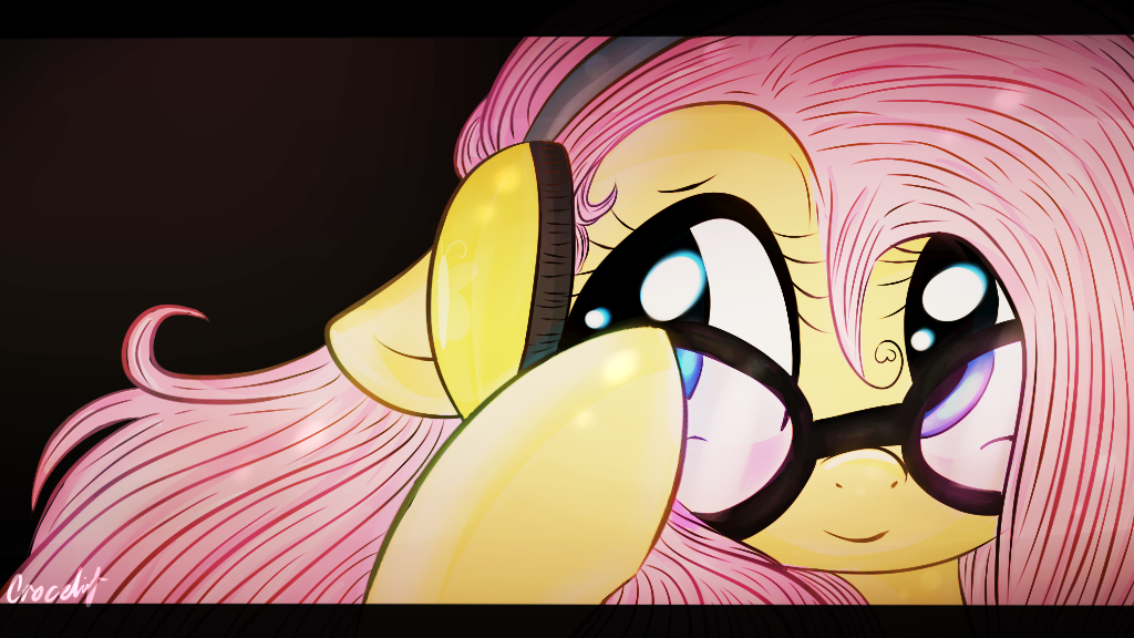 cyan_eyes equine eyewear female floppy_ears fluttershy_(mlp) friendship_is_magic fur glasses hair headphones hooves horse long_hair mammal my_little_pony pink_hair plain_background pony signature smile solo yellow_fur