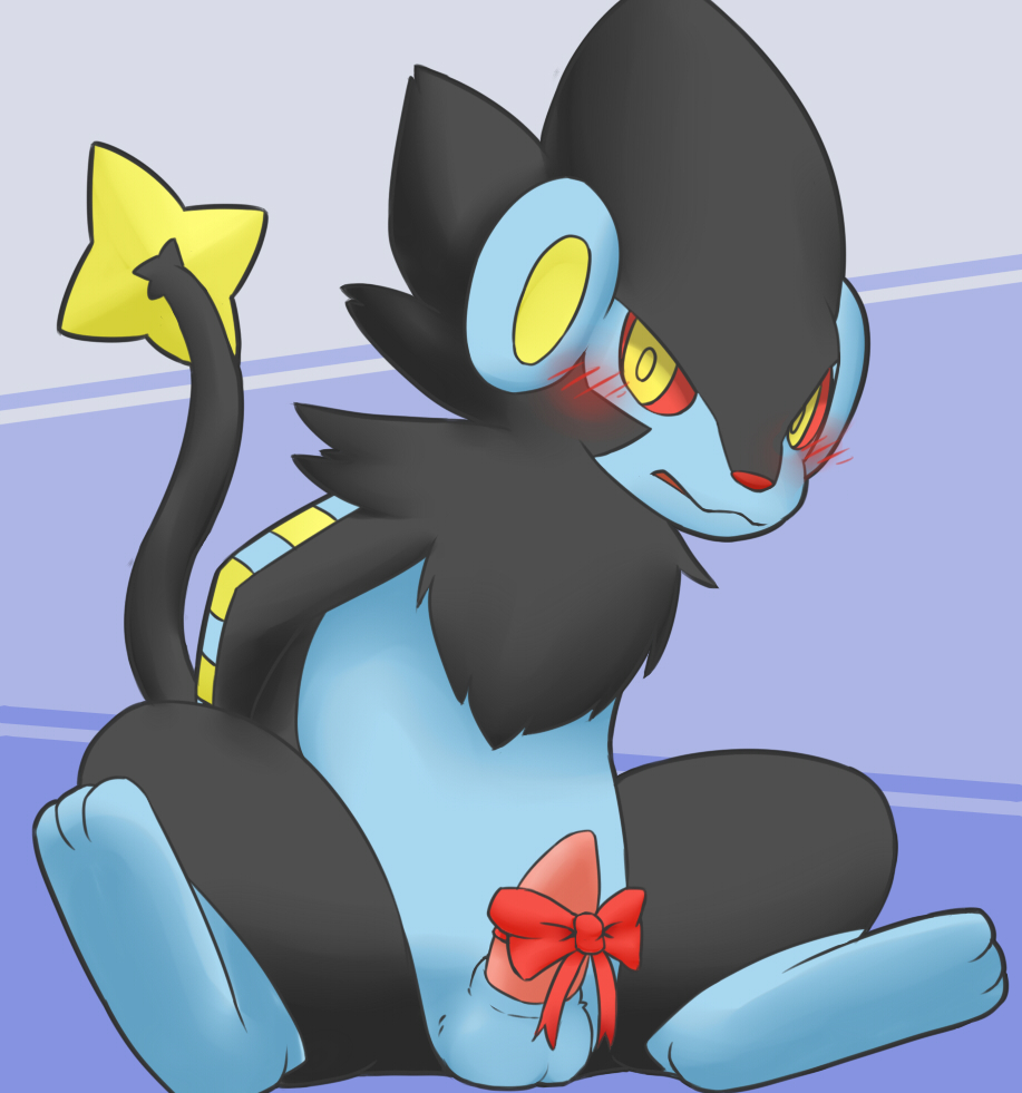 balls barefoot blush bow cock_ribbon erection feral fur grey_background looking_at_viewer luxray male manoreo nintendo nude on_floor open_mouth penis plain_background pok&#233;mon pok&eacute;mon presenting red_eyes ribbons shadow sitting solo spread_legs spreading video_games yellow_eyes