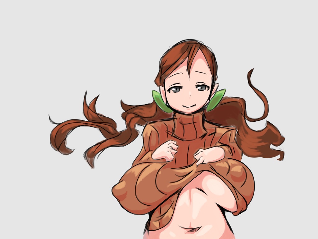 1girl black_eyes breast_suppress breasts brown_hair chunky_rhino covered_nipples erect_nipples female hair_ornament huge_breasts long_hair long_twintails navel no_bra shirt_lift simple_background sketch solo standing sweater turtleneck twintails upper_body