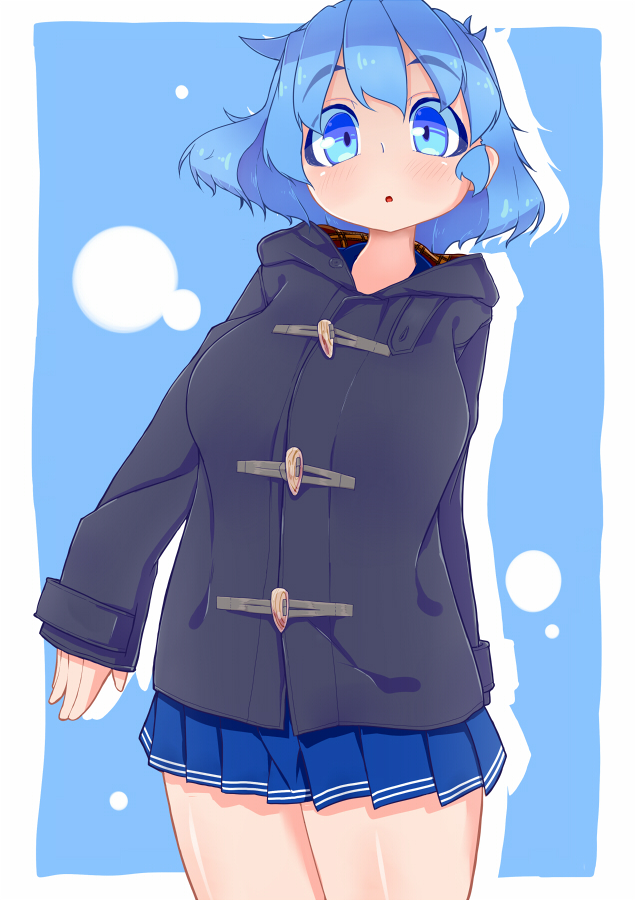 :o blue_eyes blue_hair blush coat inaka_keikou original saku_hinoko short_hair skirt sleeves_past_wrists solo standing