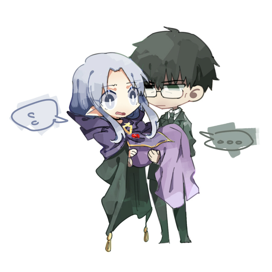 1boy 1girl bad_id bad_pixiv_id black_hair blue_hair byakuran_leo carrying caster chibi dress fate/stay_night fate_(series) formal glasses kuzuki_souichirou long_dress pointy_ears princess_carry spoken_sweatdrop suit sweatdrop