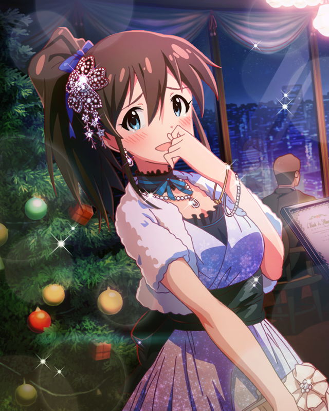 artist_request blue_eyes blush bracelet brown_hair christmas christmas_tree earrings hair_ornament hair_ribbon hand_to_own_mouth idolmaster idolmaster_million_live! jewelry lens_flare necklace official_art ponytail ribbon satake_minako solo tears window