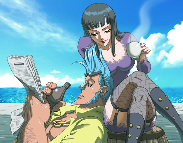 1girl barrel black_hair blue_eyes blue_hair boots bottle breasts chain_necklace cleavage cloud coffee_mug collarbone convenient_leg crossed_legs cup cyborg day eyewear_on_head fishnet_legwear fishnets franky frown garter_straps large_breasts lipstick long_hair long_sleeves looking_at_another makeup mug newspaper nico_robin nika_(nikasa_an) ocean one_piece open_clothes open_shirt pompadour reading shirt sideburns sitting sitting_on_object sky steam sunglasses thighhighs