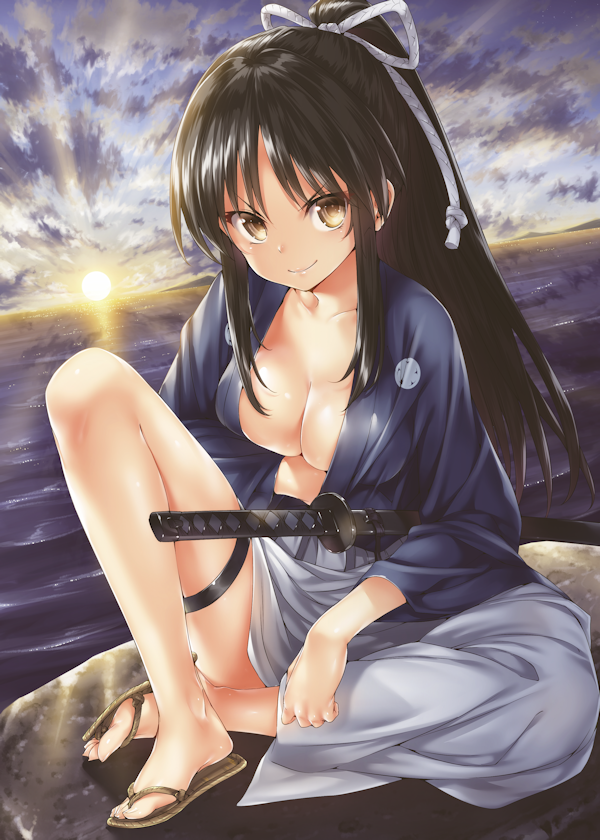 bow breasts cleavage feet hair_bow hisashi_(nekoman) japanese_clothes large_breasts no_bra ocean original rock saitani_ryou sandals smile sunrise sword thigh_strap toes water weapon