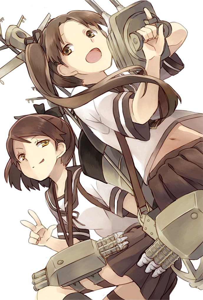 ayanami_(kantai_collection) bad_id bad_pixiv_id blush brown_eyes brown_hair cannon from_below hair_ribbon kantai_collection kuuga_(cf) long_hair looking_up multiple_girls ponytail ribbon school_uniform serafuku shikinami_(kantai_collection) short_hair side_ponytail skirt smile torpedo turret v