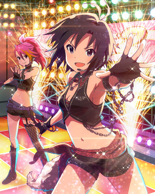 :d asymmetrical_clothes black_hair boots chain crop_top fingerless_gloves fishnets gloves headset idolmaster idolmaster_(classic) idolmaster_million_live! jewelry kikuchi_makoto looking_at_viewer maihama_ayumu midriff multicolored_hair multiple_girls navel necklace official_art open_mouth pink_hair short_hair shorts smile stage stage_lights v-shaped_eyebrows