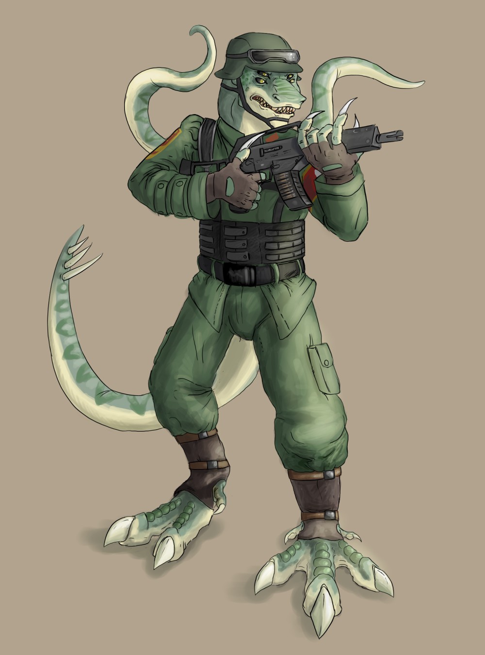 amethystlongcat anthro armor army claws clothing drei four_eyes g36 green_skin gun helmet horn male military monster mutant nazi parasite plain_background ranged_weapon reptile rifle scalie soldier teeth tentacles uniform weapon yellow_eyes