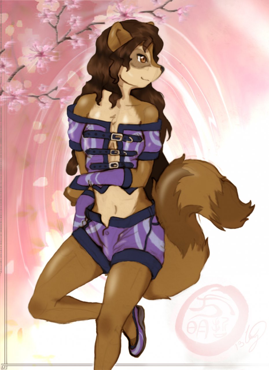 arm_warmers breasts brown_fur buckles cainethelongshot cleavage clothed clothing coon female footwear fur hair invalid_color long_hair maddy madeline mammal open_top raccoon sakura shoes shorts smile solo standing