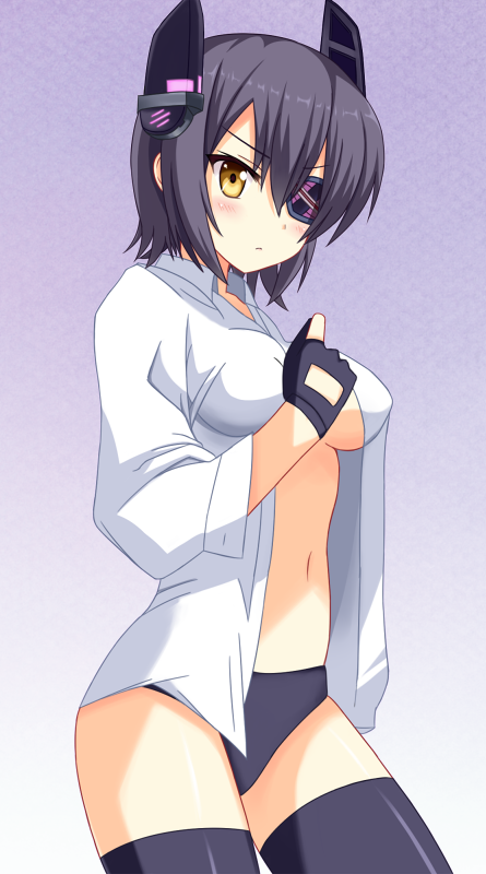 breasts eyepatch fingerless_gloves gloves headgear icetiina kantai_collection large_breasts looking_at_viewer navel open_clothes open_shirt panties partly_fingerless_gloves purple_hair shirt short_hair solo tenryuu_(kantai_collection) thighhighs underwear yellow_eyes