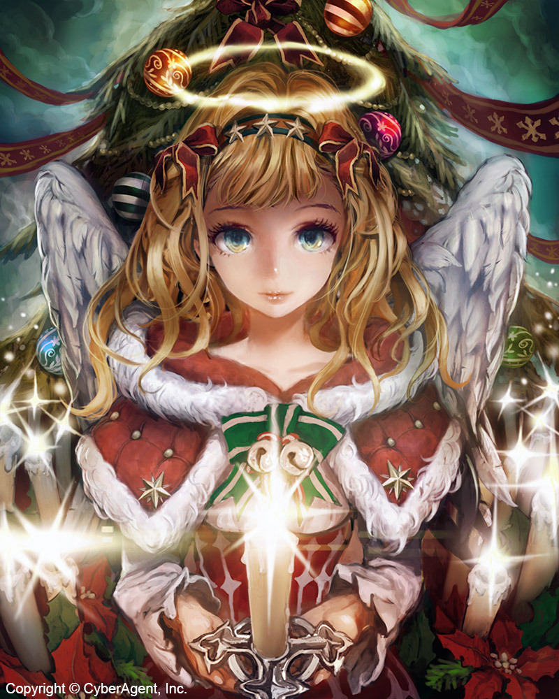 angel angel_wings blonde_hair blue_eyes candle capelet christmas christmas_tree copyright_request eyelashes feathered_wings hairband halo horim lips long_hair looking_at_viewer solo wings