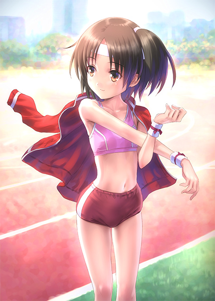 alternate_costume bangs bare_shoulders black_hair brown_eyes buruma day eyebrows_visible_through_hair feet_out_of_frame goto_p gym_uniform headband jacket jacket_on_shoulders kantai_collection looking_away nagara_(kantai_collection) navel one_side_up outdoors short_hair solo sports_bra standing stretch track_and_field track_jacket