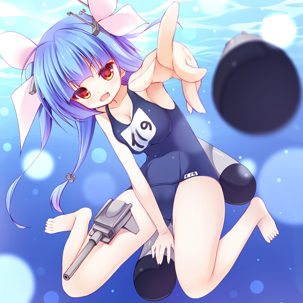 barefoot blue_hair blurry breasts cleavage depth_of_field foreshortening i-19_(kantai_collection) kantai_collection long_hair looking_at_viewer medium_breasts one-piece_swimsuit open_mouth outstretched_arm red_eyes school_swimsuit solo swimsuit torpedo twintails underwater yuku_(kiollion)