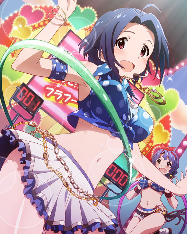 :d ahoge blue_hair blush bracelet breasts crop_top crop_top_overhang front-tie_top headset hoop hula_hoop idolmaster idolmaster_(classic) idolmaster_million_live! jewelry lens_flare looking_at_viewer medium_breasts midriff miura_azusa multiple_girls navel necklace official_art open_mouth red_eyes shirt short_hair skirt smile tied_shirt toyokawa_fuuka
