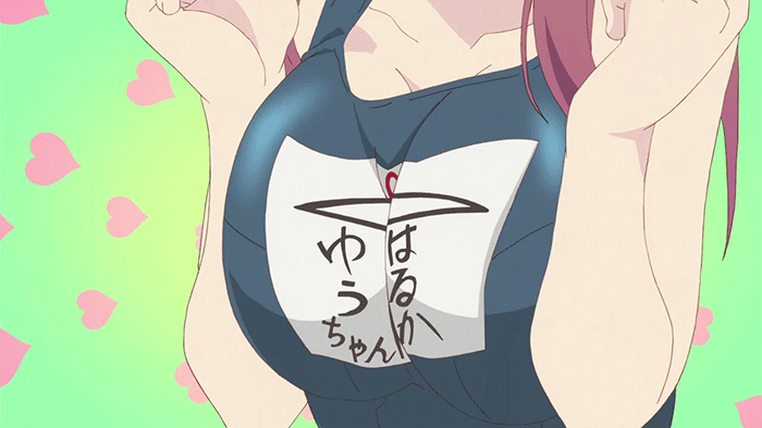 1girl ai_ai_gasa animated animated_gif armpits breasts cleavage female large_breasts long_hair pink_hair sakura_trick school_swimsuit solo swimsuit takayama_haruka taut_clothes taut_swimsuit
