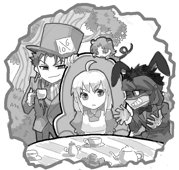 2boys ahoge alice_in_wonderland artoria_pendragon_(all) avenger bazett_fraga_mcremitz cup fate/hollow_ataraxia fate/stay_night fate/zero fate_(series) greyscale gupaon hat holding lancer md5_mismatch monochrome multiple_boys saber sitting table teacup top_hat