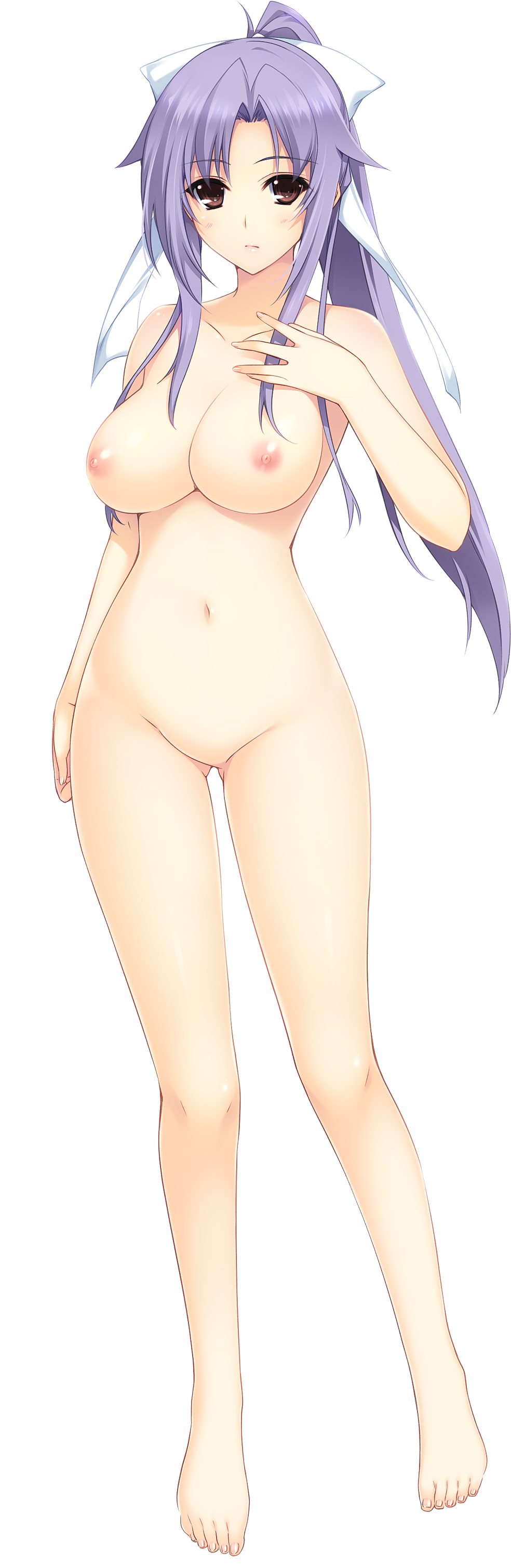 1girl areolae barefoot blush breasts brown_eyes feet full_body hair_ribbon highres hips iizuki_tasuku large_breasts legs long_hair long_image looking_at_viewer lovely_x_cation lovely_x_cation_2 narukawa_hime navel nipples no_pussy nude ponytail purple_hair ribbon simple_background solo standing thighs toes white_background