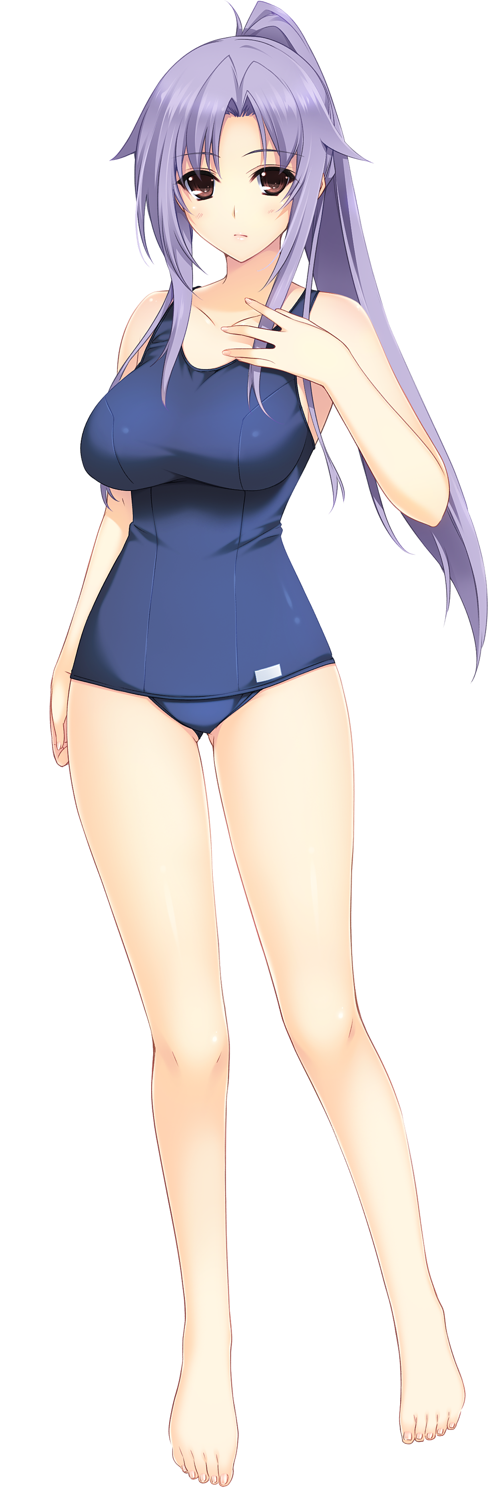 1girl bare_shoulders barefoot blush breasts brown_eyes feet full_body hair_ribbon highres iizuki_tasuku large_breasts legs long_hair long_image looking_at_viewer lovely_x_cation lovely_x_cation_2 narukawa_hime ponytail purple_hair ribbon simple_background solo standing swimsuit thighs toes white_background