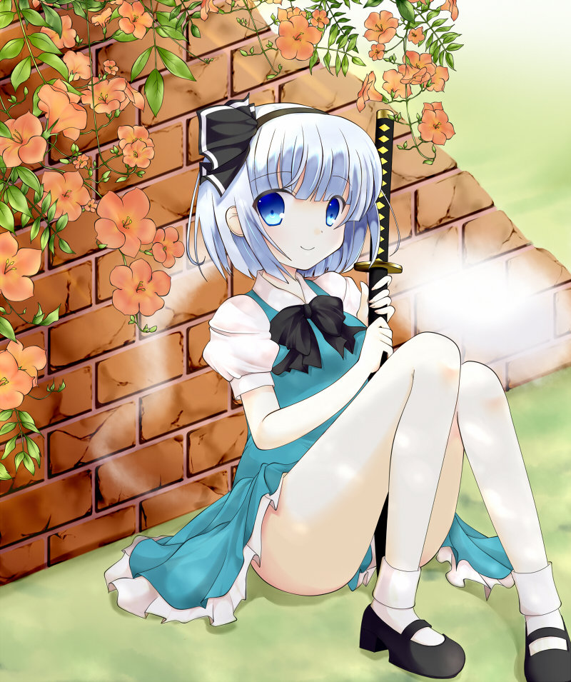 bad_id bad_pixiv_id brick_wall flower green_skirt hair_ribbon katana konpaku_youmu konpaku_youmu_(ghost) mary_janes ribbon roa_(roa89) shoes sitting skirt smile sword touhou weapon