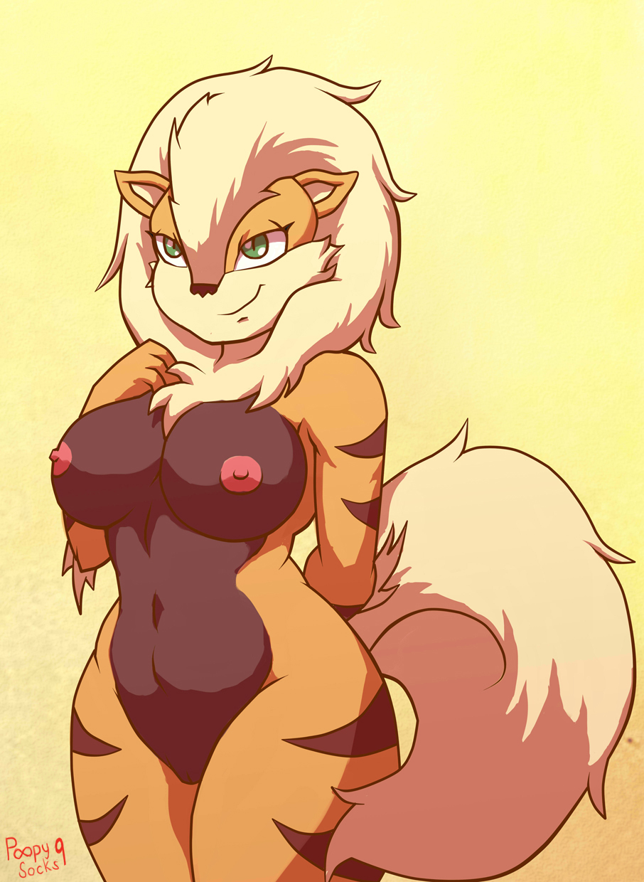 anthro anthrofied arcanine big_breasts breasts canine edit female fur green_eyes happy hi_res looking_at_viewer mammal navel nintendo nipples nude plain_background pok&#233;mon pok&eacute;mon poopysocks9 pussy raised_arm smile solo standing video_games yellow_background
