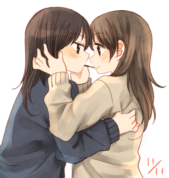black_hair blush brown_hair eating eye_contact eyebrows_visible_through_hair food from_side hachiko_(hati12) hand_on_another's_face hug imminent_kiss long_hair long_sleeves looking_at_another multiple_girls original pocky pocky_day pocky_kiss profile shared_food sharing_food simple_background sweater upper_body yuri