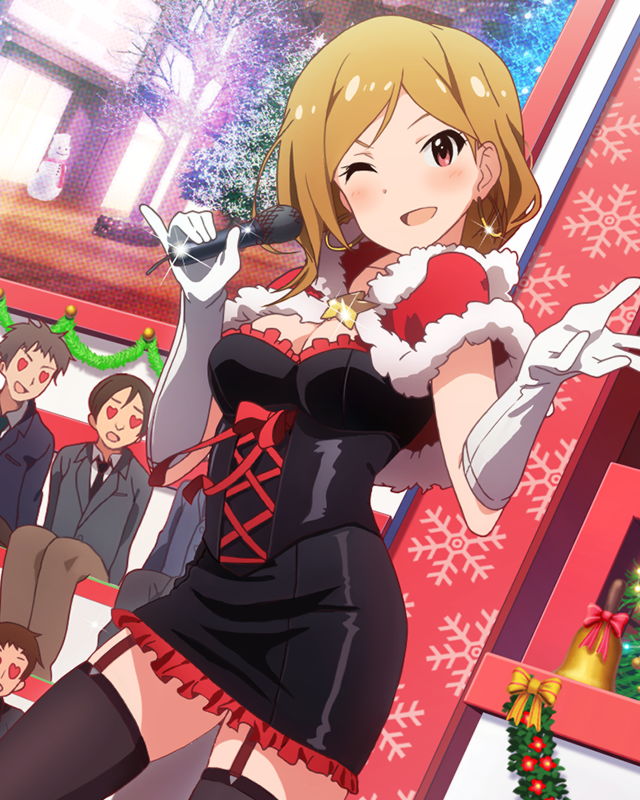 3boys :d ;d blush brown_eyes brown_hair capelet christmas earrings garter_straps gloves heart heart_eyes idolmaster idolmaster_million_live! jewelry looking_at_viewer microphone momose_rio multiple_boys official_art one_eye_closed open_mouth smile snowflakes thighhighs white_gloves