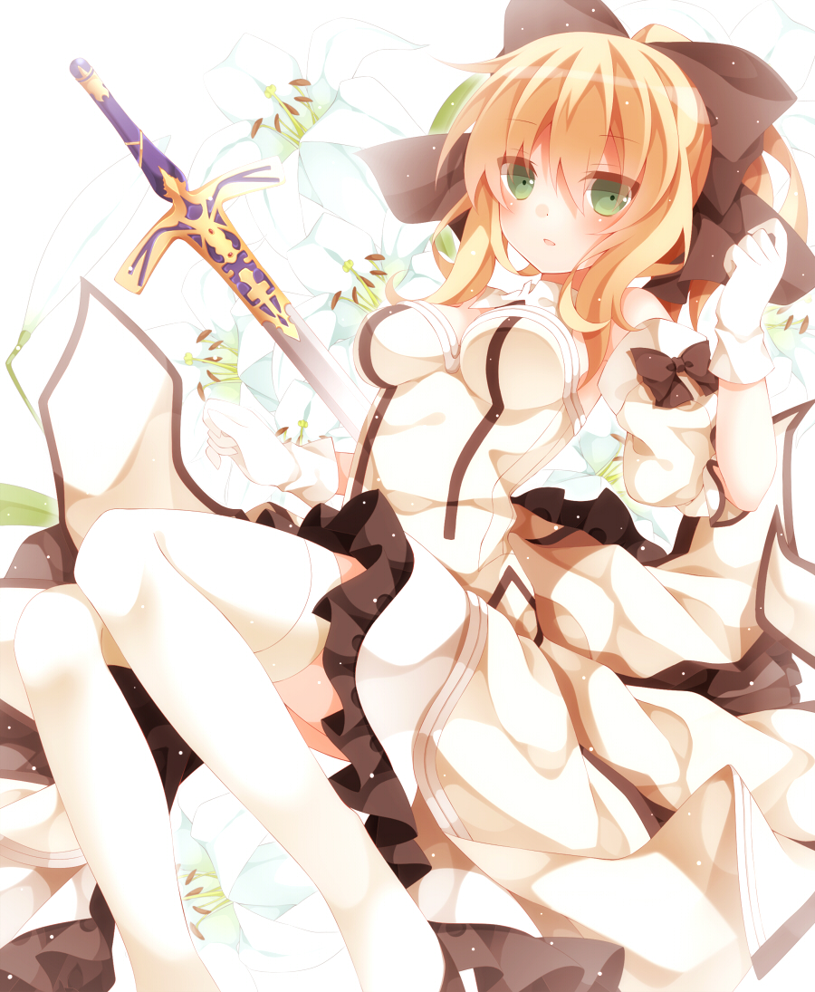 artoria_pendragon_(all) blonde_hair blush bow caliburn detached_sleeves dress fate/stay_night fate/unlimited_codes fate_(series) flower frills gloves green_eyes hair_bow long_hair mogu_(au1127) ponytail saber saber_lily solo sword thighhighs weapon
