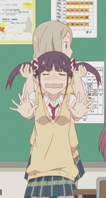 animated animated_gif blonde_hair blush cropped flailing full-face_blush lowres minami_shizuku multiple_girls necktie noda_kotone non-web_source open_mouth plaid plaid_skirt playing_with_another's_hair purple_hair sakura_trick school_uniform screencap scrunchie skirt sweater sweater_vest twintails wavy_mouth