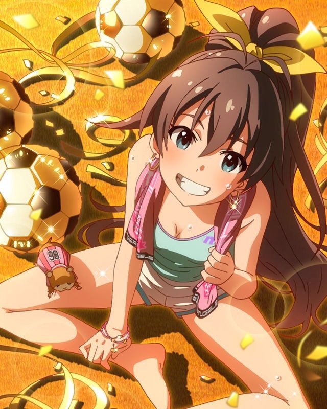 :d aqua_eyes ball black_hair breasts cleavage confetti earrings ganaha_hibiki grin hamster hamuzou idolmaster idolmaster_(classic) idolmaster_million_live! jewelry lens_flare long_hair looking_at_viewer medium_breasts official_art open_mouth ponytail shorts smile soccer_ball sweat telstar towel