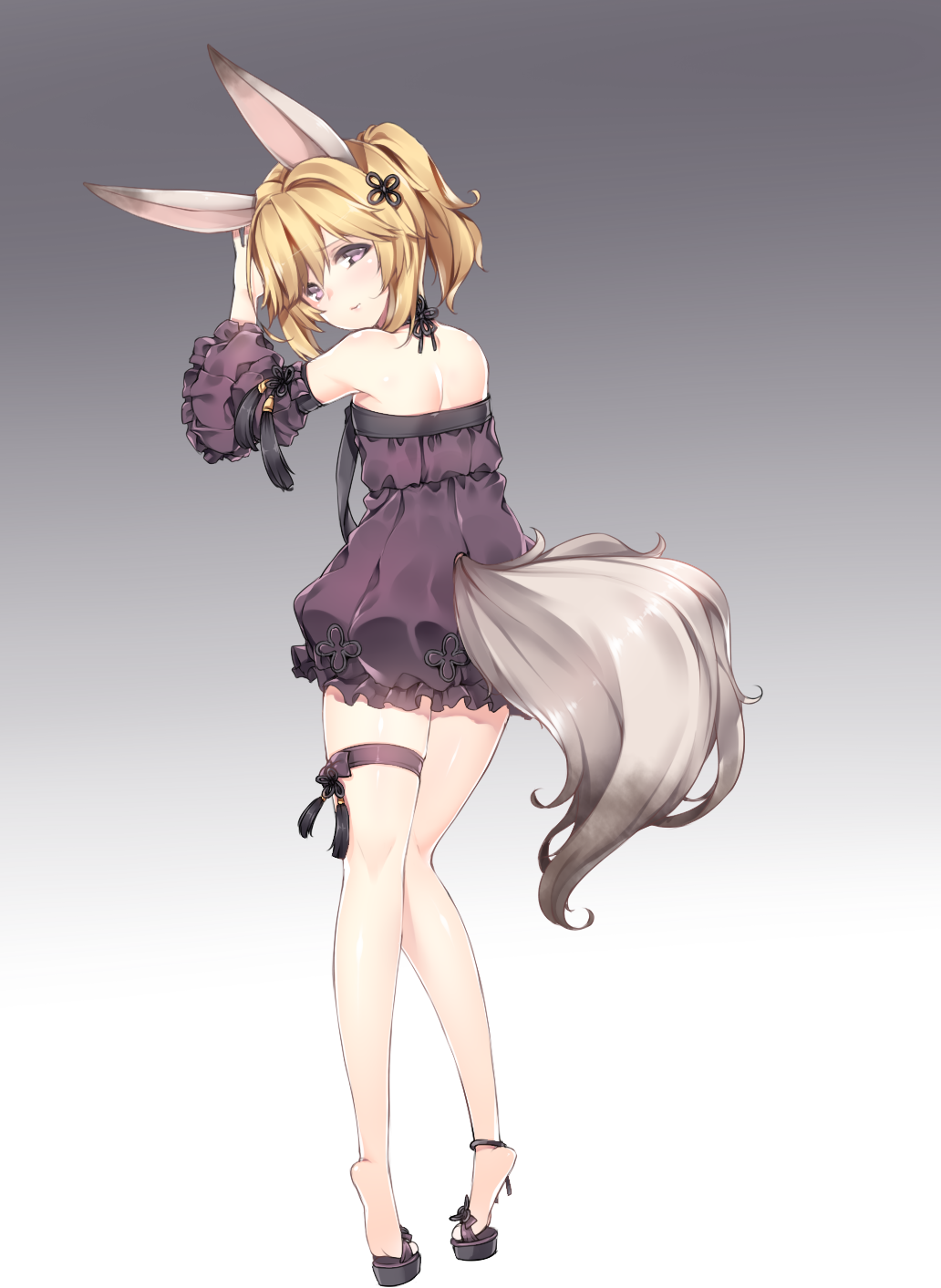 animal_ears anklet bare_shoulders blade_&amp;_soul blush brown_hair detached_sleeves dress feet from_behind full_body gradient gradient_background highres jewelry kuro_(kuronell) legs long_hair looking_at_viewer looking_back lyn_(blade_&amp;_soul) ponytail purple_eyes sandals shoes short_dress simple_background sleeveless sleeveless_dress solo standing tail tail_through_clothes thigh_strap wolf_ears