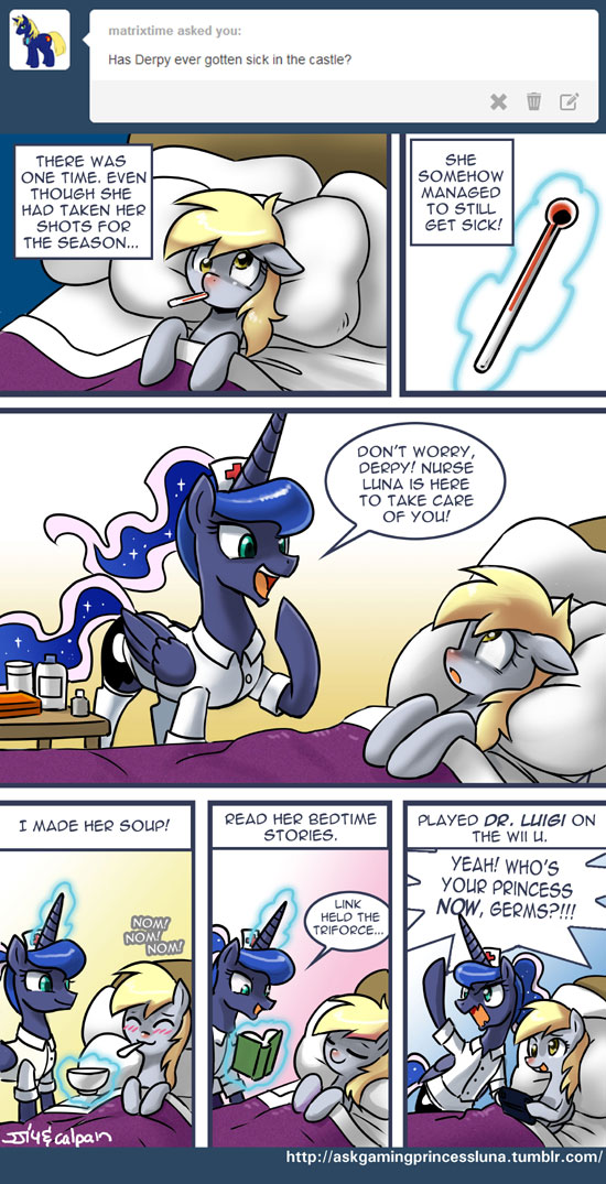 bed blonde_hair blue_eyes blue_fur book bottomless bowl clothing derpy_hooves_(mlp) english_text equine eyes_closed female friendship_is_magic fur glowing grey_fur hair horn horse john_joseco levitation magic mammal my_little_pony nurse_hat open_mouth pillow pony princess_luna_(mlp) royalty shirt sick spoon text the_legend_of_zelda tumblr two_tone_hair video_games wii_u winged_unicorn wings yellow_eyes