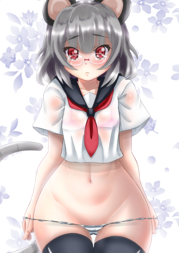 alternate_costume animal_ears bespectacled black_legwear blush ebi_193 floral_background glasses grey_hair groin mouse_ears mouse_tail navel nazrin no_pants panties panty_pull red_eyes revision short_hair solo striped striped_panties tail thighhighs touhou underwear white_background wide_hips