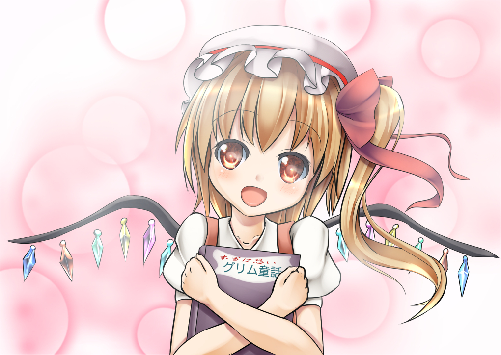 blonde_hair book book_hug circle flandre_scarlet gradient gradient_background hat hat_ribbon head_tilt holding holding_book kirimori_toya looking_at_viewer mob_cap open_mouth pink_background puffy_short_sleeves puffy_sleeves red_eyes ribbon short_hair short_sleeves side_ponytail solo touhou upper_body wings