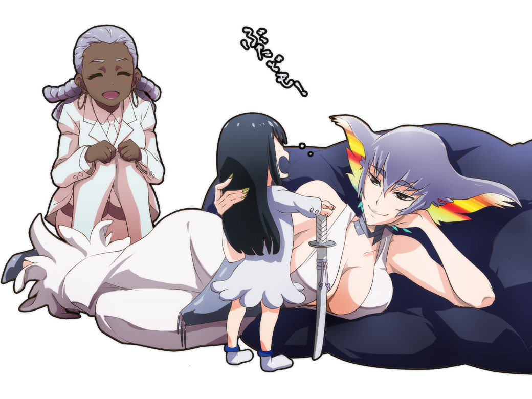 71 breasts cleavage dark_skin eyebrows hairlocs hands_on_hilt hououmaru_rei insult katana kill_la_kill kiryuuin_ragyou kiryuuin_satsuki large_breasts lying mother_and_daughter multicolored multicolored_hair multiple_girls on_side rainbow_hair smile sword translated very_dark_skin weapon younger