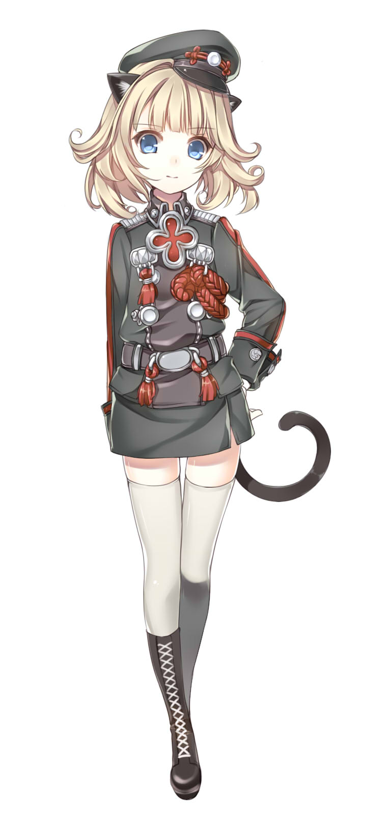 animal_ears blade_&amp;_soul blonde_hair blue_eyes boots cat_ears cat_tail cross-laced_footwear full_body gloves hat highres kuro_(kuronell) lace-up_boots looking_at_viewer lyn_(blade_&amp;_soul) military military_uniform peaked_cap pencil_skirt short_hair simple_background skirt solo tail thighhighs uniform white_background white_legwear