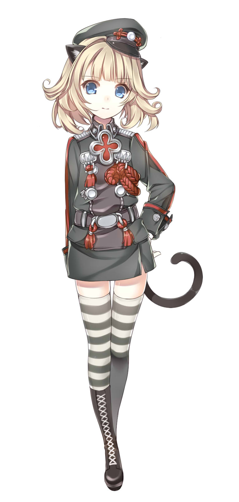animal_ears blade_&amp;_soul blonde_hair blue_eyes boots cat_ears cat_tail cross-laced_footwear full_body gloves hat highres kuro_(kuronell) lace-up_boots looking_at_viewer lyn_(blade_&amp;_soul) military military_uniform peaked_cap pencil_skirt short_hair simple_background skirt solo striped striped_legwear tail thighhighs uniform white_background