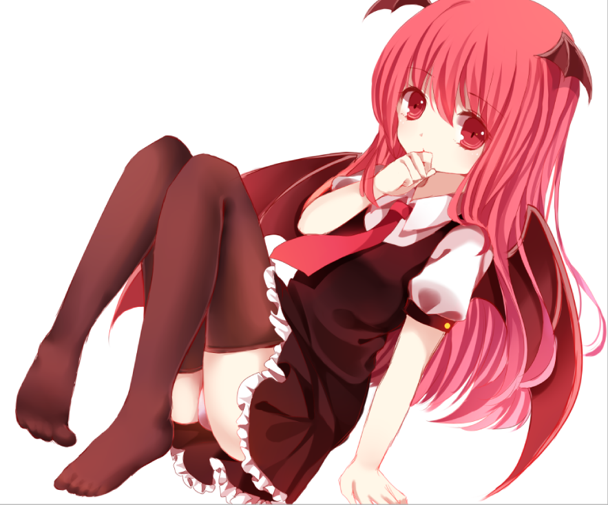 arm_support bad_id bad_pixiv_id bat_wings black_legwear covering_mouth hand_to_own_mouth head_wings koakuma long_hair looking_at_viewer moseley necktie no_shoes panties pantyshot pantyshot_(sitting) pink_panties reclining red_eyes red_hair red_neckwear short_sleeves simple_background sitting skirt skirt_set solo thighhighs touhou underwear white_background wings