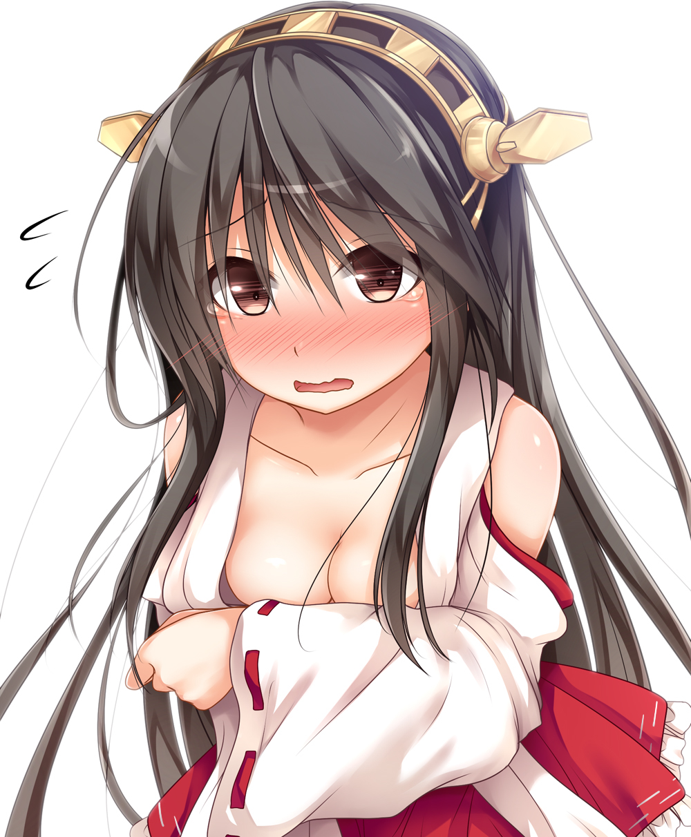 black_hair blush breasts brown_eyes covering covering_breasts detached_sleeves embarrassed flying_sweatdrops hairband haruna_(kantai_collection) haryuu_(poetto) headgear highres japanese_clothes kantai_collection long_hair medium_breasts solo tears wavy_mouth