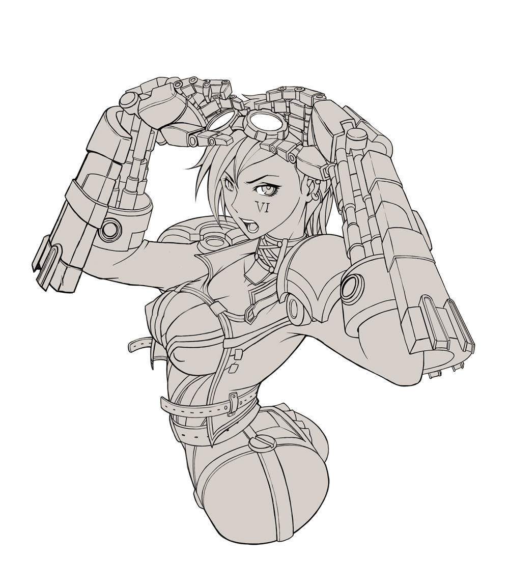 breasts cleavage covered_nipples gloves goggles goggles_on_head large_breasts leaf98k league_of_legends looking_at_viewer machinery monochrome open_mouth short_hair solo tattoo vi_(league_of_legends)