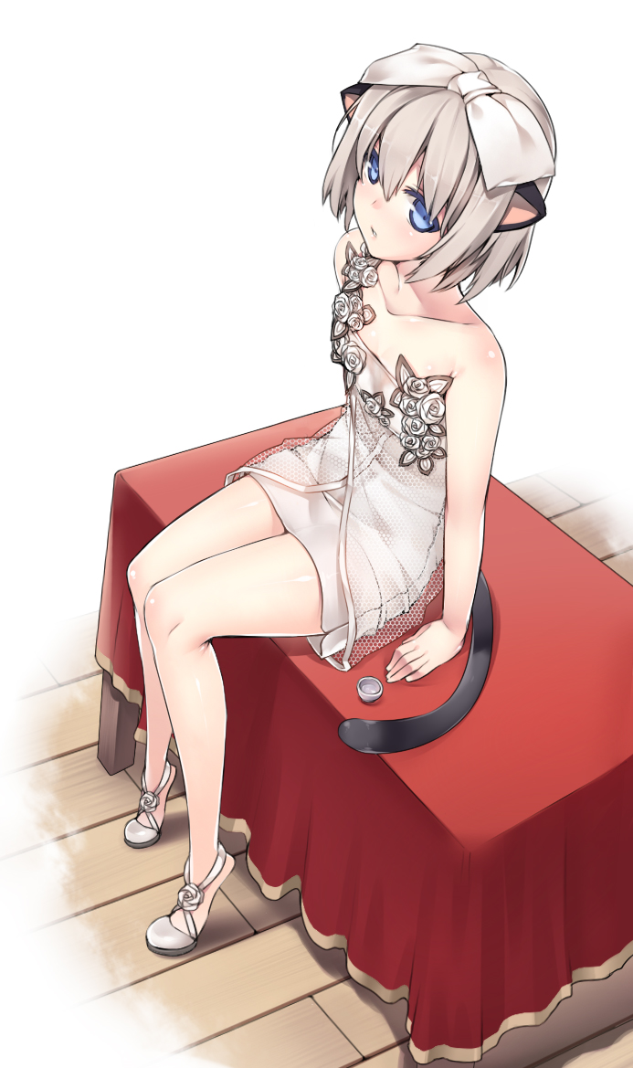 alcohol animal_ears bare_legs bare_shoulders blade_&amp;_soul blue_eyes blush bow brown_hair cat_ears cat_tail collarbone dress flat_chest flower full_body hair_bow kuro_(kuronell) looking_at_viewer looking_up lyn_(blade_&amp;_soul) open_mouth rose sake shoes short_hair silver_hair simple_background sitting solo tail white_background white_dress
