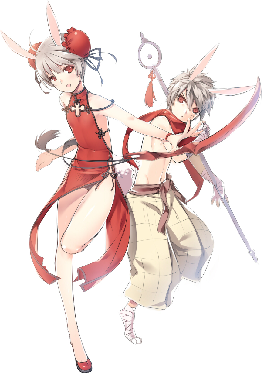 1girl animal_ears bandages blade_&amp;_soul brown_hair bun_cover bunny_ears bunny_tail china_dress chinese_clothes double_bun dress flat_chest hair_bun highres kuro_(kuronell) looking_at_viewer lyn_(blade_&amp;_soul) navel open_mouth panties pants red_eyes scarf short_hair sleeveless sleeveless_dress smile staff sword tail topless underwear weapon white_background