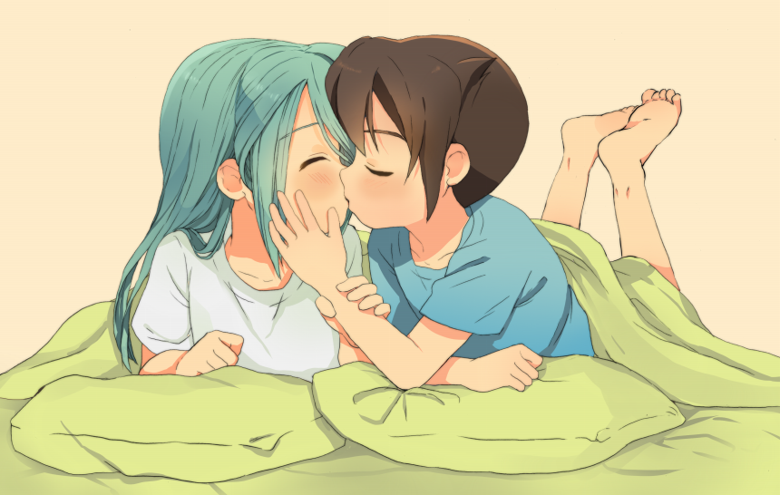 barefoot bed blue_hair closed_eyes endou_mamoru full_body hair_down hair_over_one_eye inazuma_eleven inazuma_eleven_(series) kazemaru_ichirouta kiss long_hair m_(pixiv9151) male_focus multiple_boys pillow under_covers yaoi younger